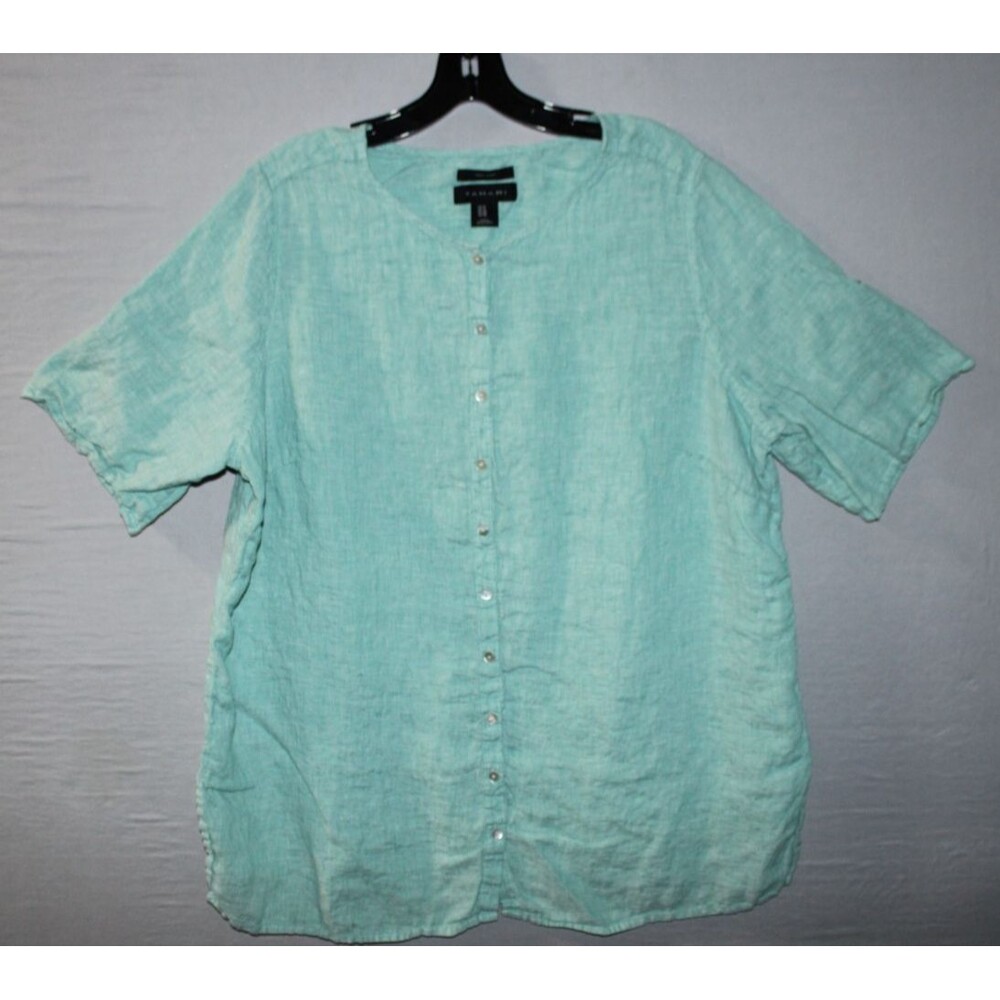 Tahari Top Womens 1X Green Linen Button Up Shirt Relaxed Fit Casual Wear